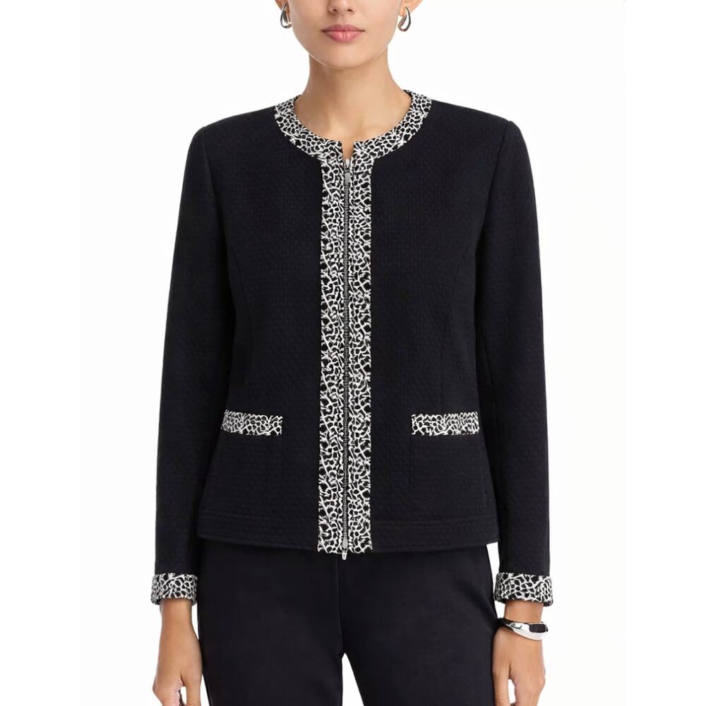 MISOOK Wool Blend Textured Zip Up Jacket Black White XL